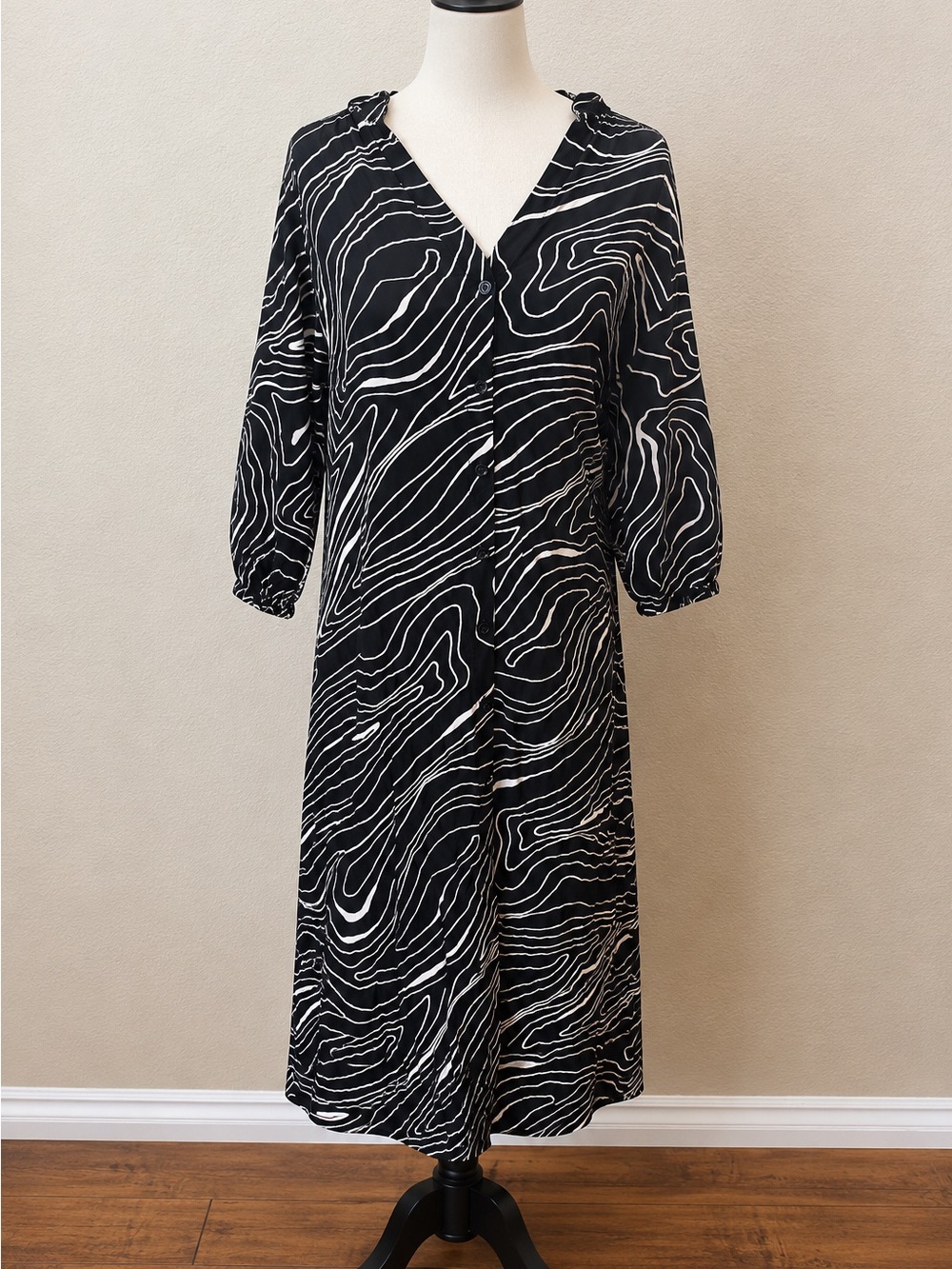Zara Black White Abstract Print Button Front Midi Dress XL